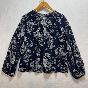 Lucky Brand Women's Top Blue Floral Size SP Round Neck Keyhole Back Long Sleeves